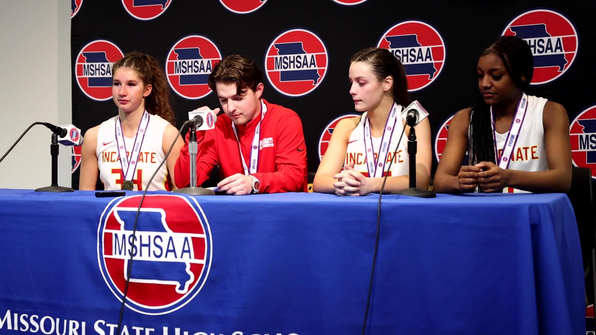 Incarnate Word talks to media after winning Class 6 girls basketball state championship over Kickapoo